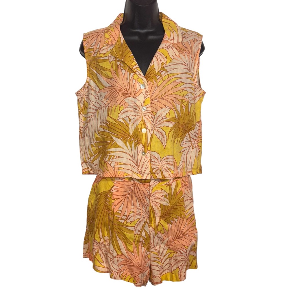 Tahari Linen Short Set Sleeveless Shirt Floral Palm Print Women’s Size 10